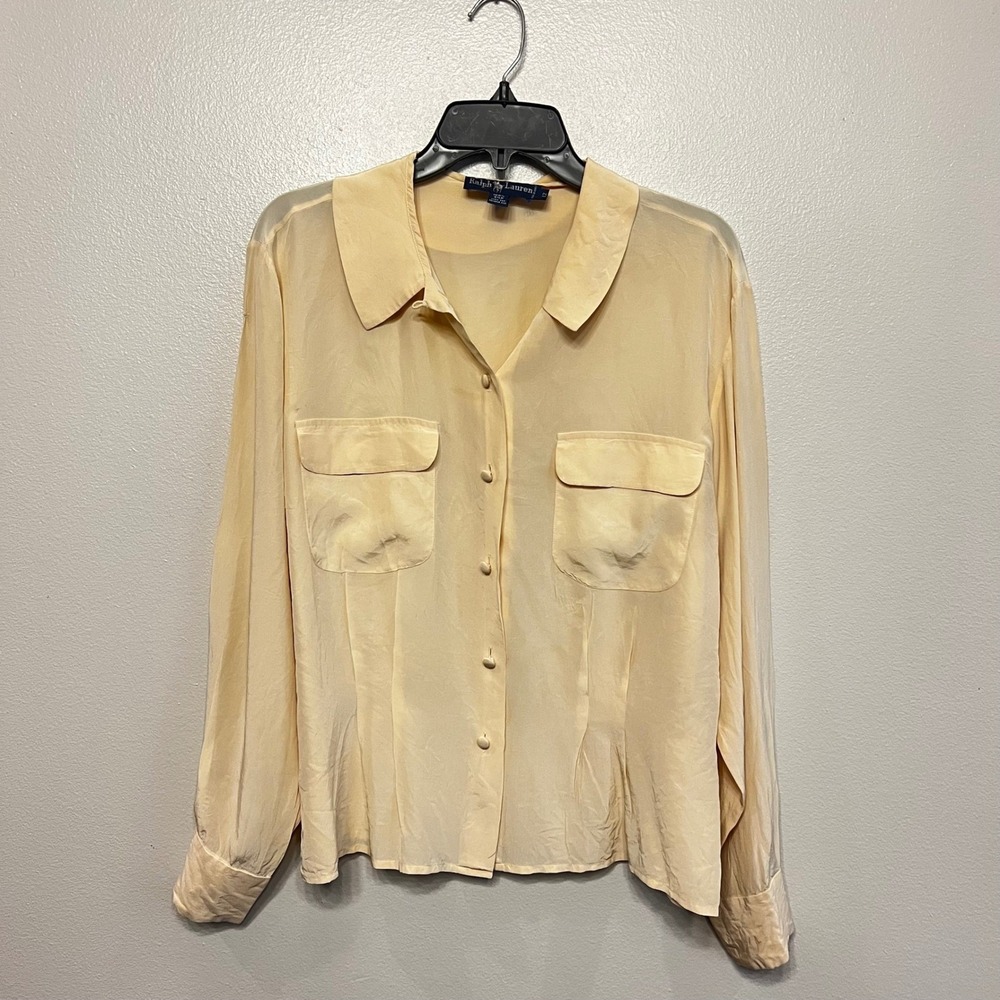 Ralph Lauren Women 100% Silk Button Down Blouse Cream Lagenlook LS Sz 12 Luxury